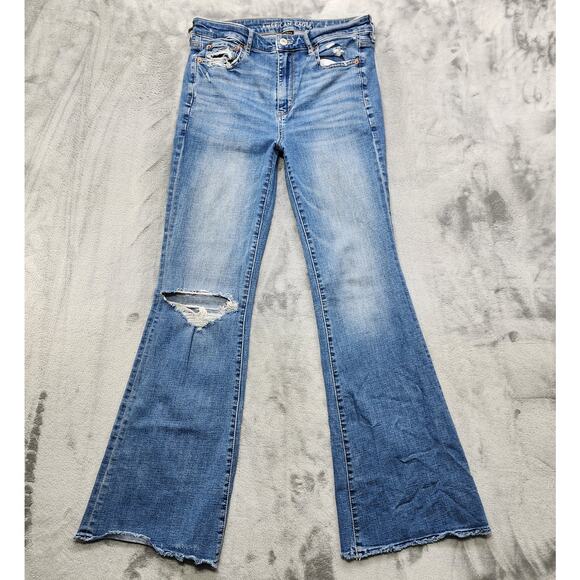American Eagle Outfitters Denim - American Eagle Jeans Womens 9 Blue Super High Rise Flare Leg Stretch Distressed